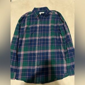 Plaid Flannel Shirt Green Black Blue L 100% Cotton￼￼ Long Sleeve St John’s Bay